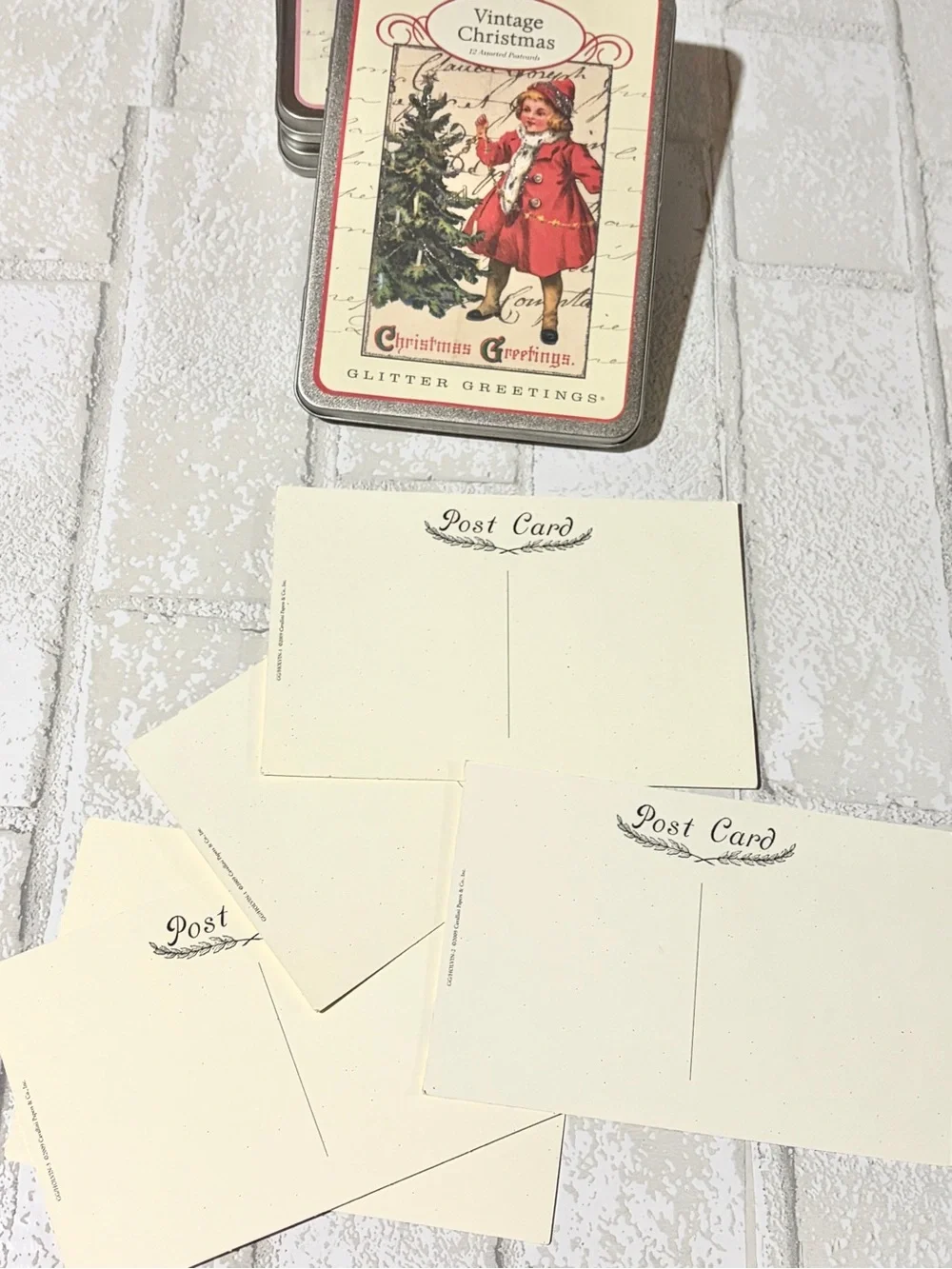Cavallini 5 Cards & Vintage Theme Christmas Glitter Tin & Holiday Post Card Set